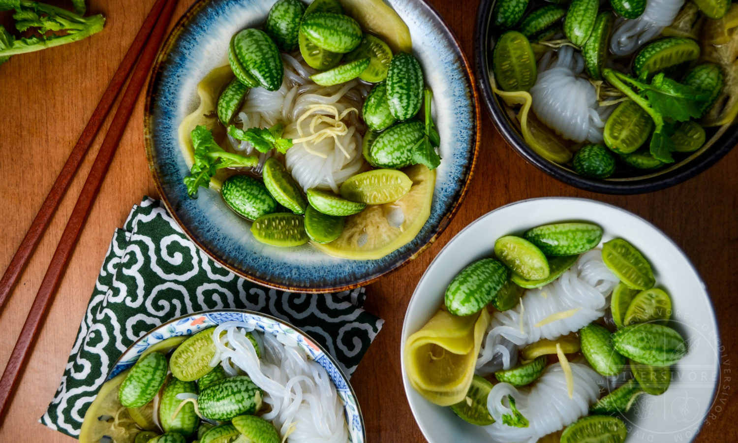 Cucamelon Sunomono made with shirataki noodles and green daikon - Diversivore.com