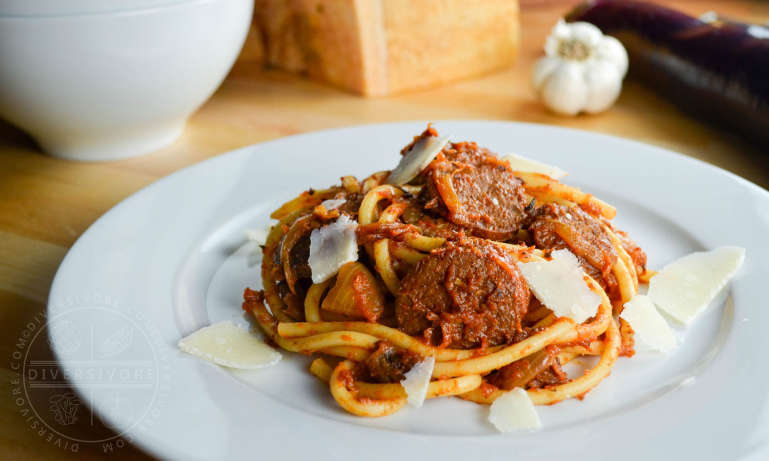 Sausage and Eggplant Bucatini with Fennel Tomato Sauce - Diversivore.com