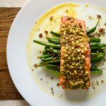 Honey and Dijon Baked Salmon with Pecans and Dill - served here with pan-fried buttered green beans - Diversivore.com