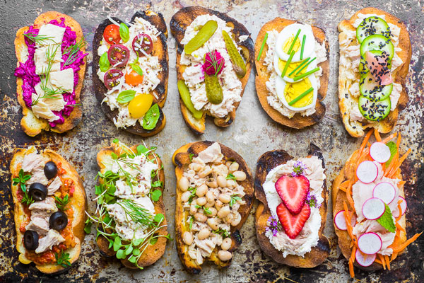 Summer tuna crostini, shown with a variety of toppings