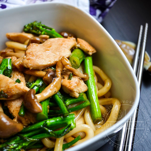 Udon noodles with chicken, broccolini, and shimeji mushrooms