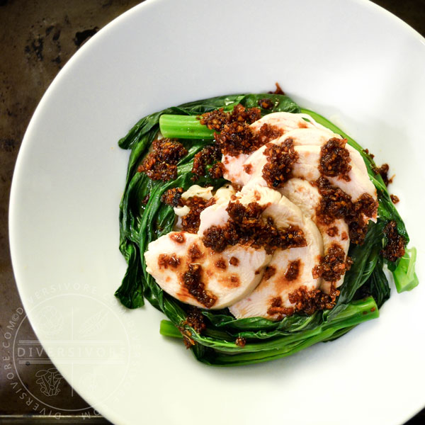 Hakka-style Poached Chicken and Choy Sum with a Garlic and Ginger Sauce