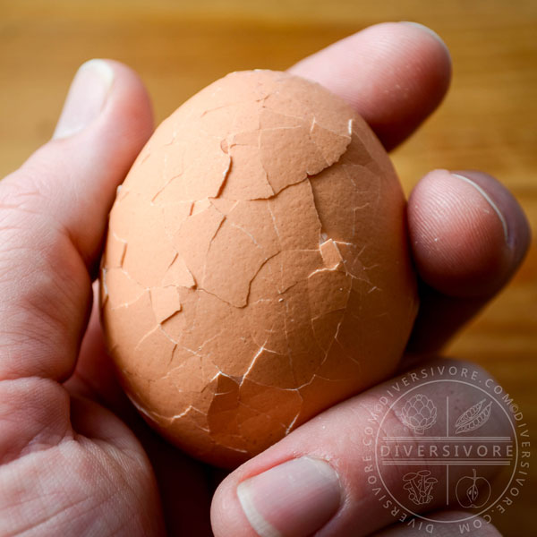 An egg in hand, covered in cracks, ready for marinating.