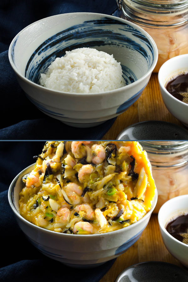 A vertical diptych showing the method for serving tenshindon over a mound of rice