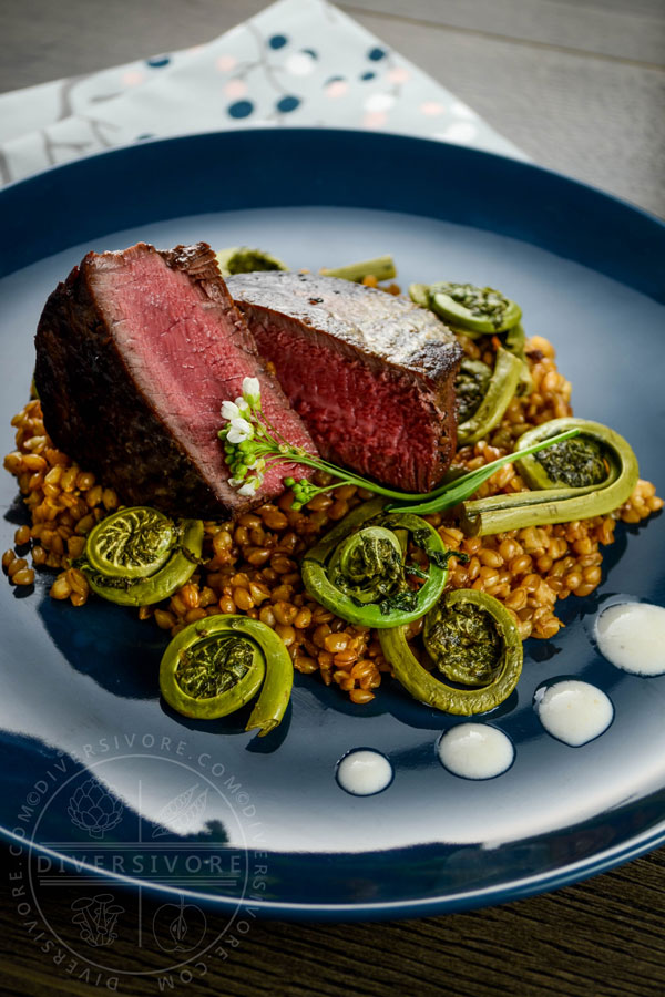 Seared beef tenderloin medallions with simmered einkorn (heirloom wheatberries), sauteed fiddleheads, and a horseradish-yogurt cream on a dark blue plate