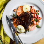 Pork neck steaks with sage brown butter, roasted radishes, fried sage, and apples - Diversivore.com