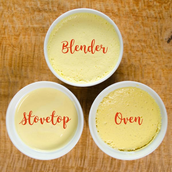 An overhead shot comparing the texture of three ramekins of peach pots de creme made using a high speed blender (top), stovetop method (bottom left), or oven (bottom right).