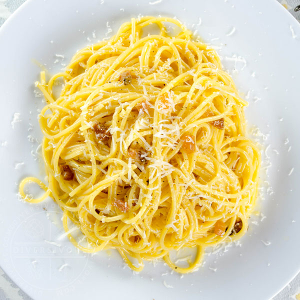 Spaghetti Carbonara with guanciale on a white plate