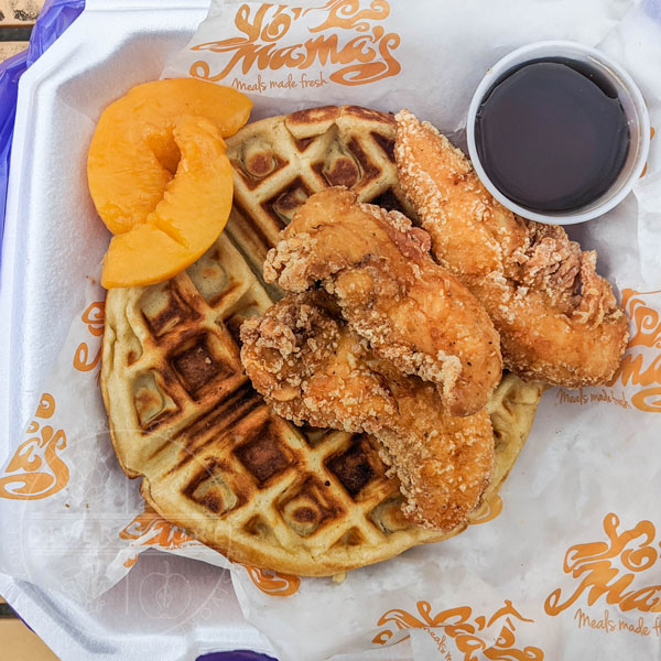 Chicken and waffles with hot peaches from Yo' Momma's in Birmingham, Alabama