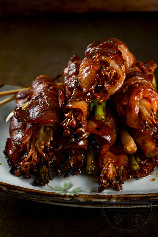 Bacon-wrapped Enoki Mushrooms with a Maple-Sake Glaze