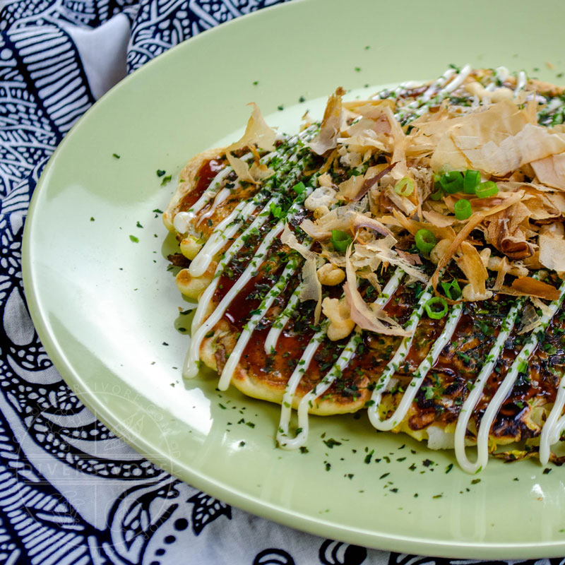 Okonomiyaki - Pacific Northwest Variation (with smoked salmon and pickled chanterelles)