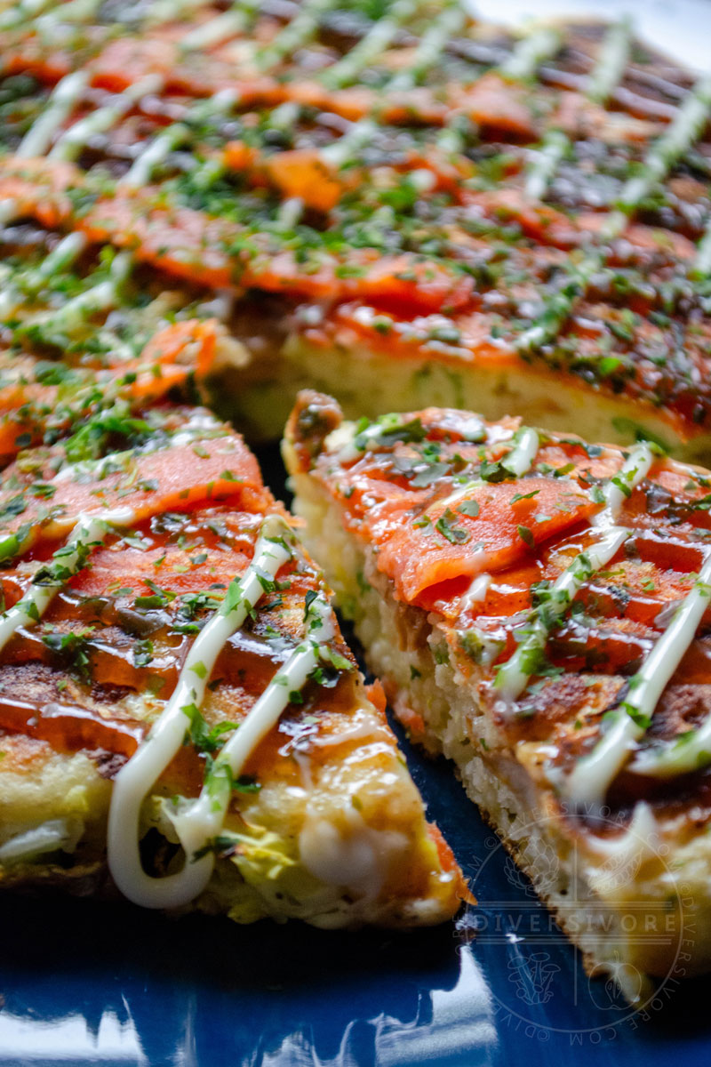 Okonomiyaki - Pacific Northwest Variation (with smoked salmon and pickled chanterelles)