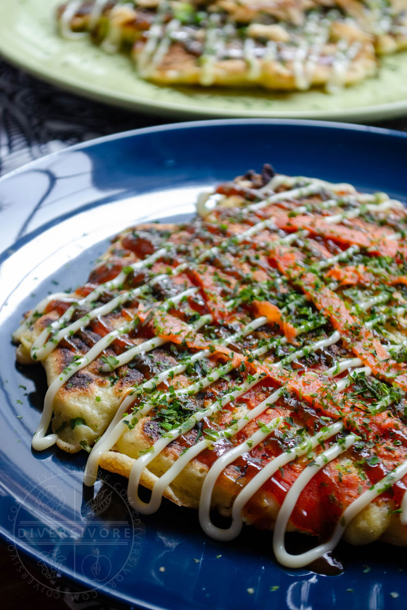 Okonomiyaki - Pacific Northwest Variation (with smoked salmon and pickled chanterelles)