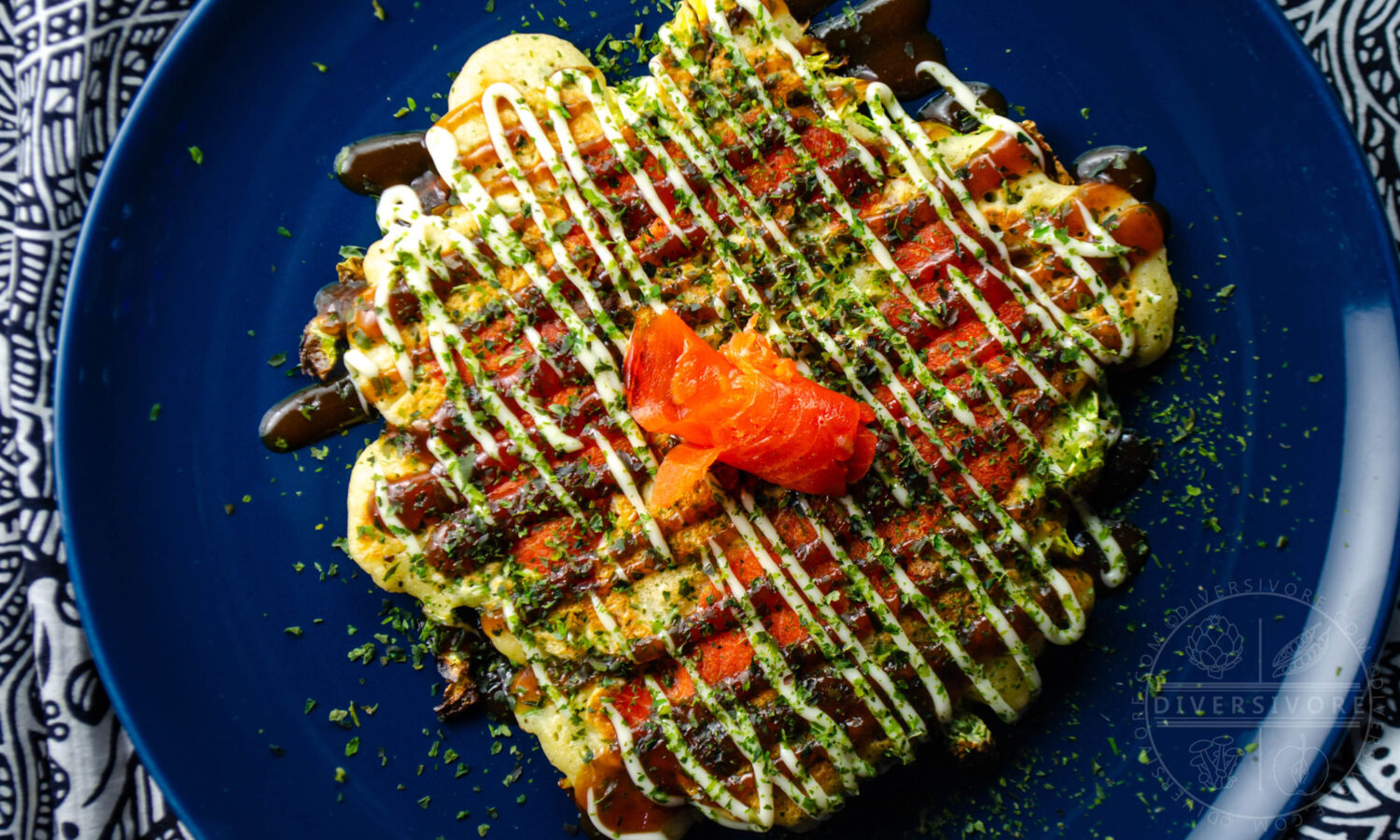 Okonomiyaki - Pacific Northwest Variation (with smoked salmon and pickled chanterelles)