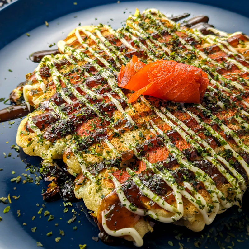 Okonomiyaki (Pacific Northwest Style) with smoked salmon and pickled chanterelles